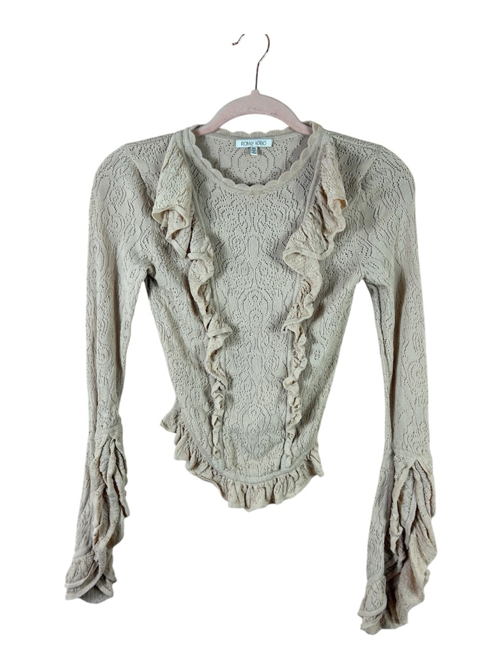 Ronny Kobo womens size XS pale eyelet ruffled knit bell sleeve cropped sweater